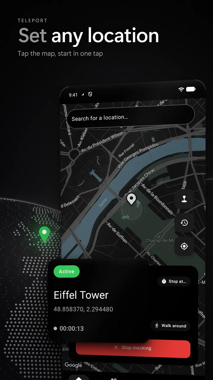 Golub map with an active simulated location at the Eiffel Tower and a Stop button