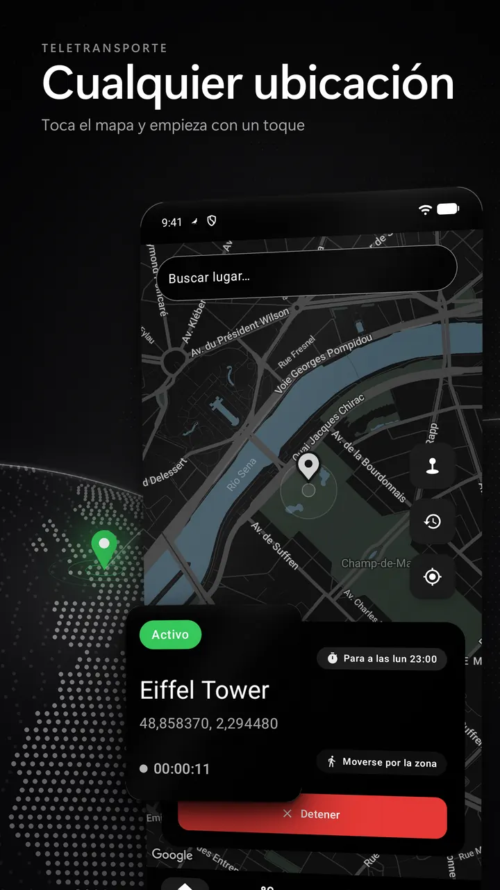 Mapa de Golub con una ubicación simulada activa en la Torre Eiffel y el botón Detener