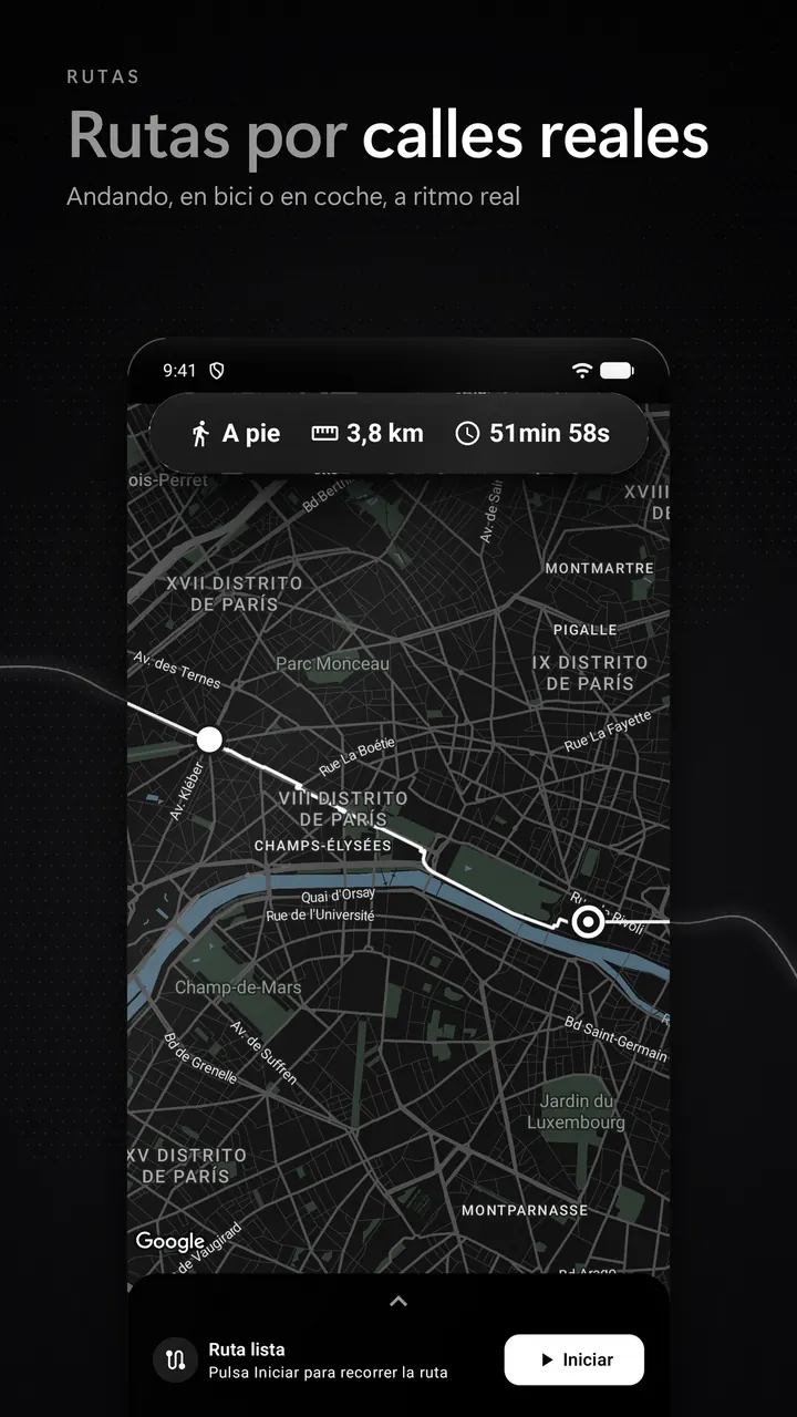 Una ruta por calles reales con paradas, modo de viaje y velocidad